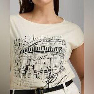 LAUREN Ralph Lauren Women's RARE Cream Graphic Jersey Tee Off Shoulder Size XXL